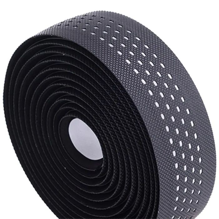 Black reflective bar tape with a textured surface and perforated design, coiled neatly, suitable for enhancing grip and visibility on bicycles.