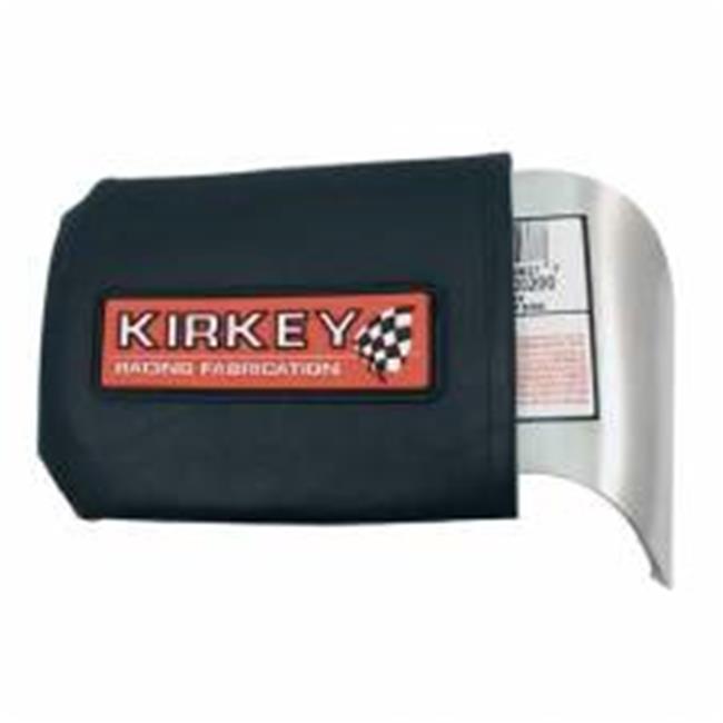 Black vinyl cover with a red and white "KIRKEY RACING FABRICATION" logo, designed to fit over a metal component, showcasing a sleek, durable finish.