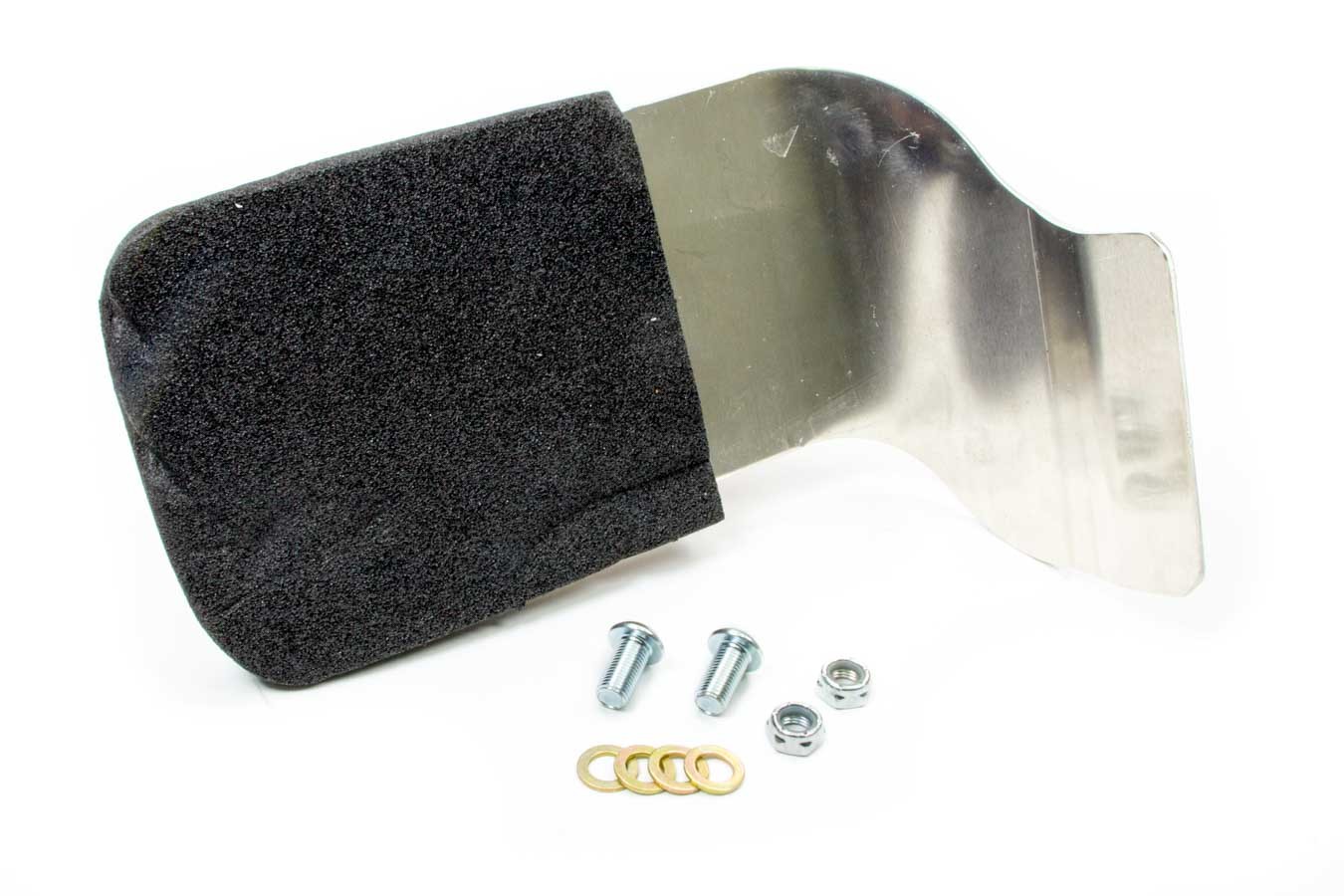 Aluminum head support in silver with a black foam backing, accompanied by screws, washers, and nuts for installation.