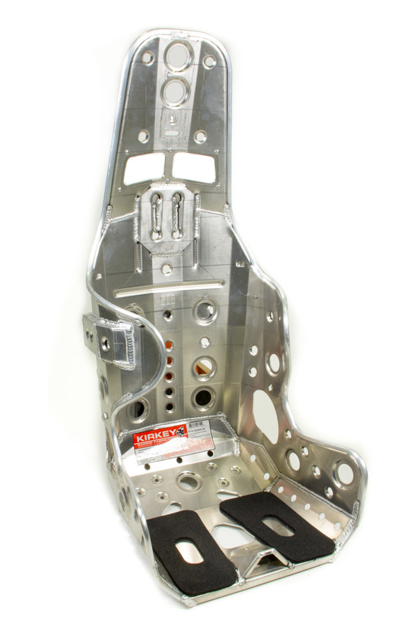 Silver aluminum racing seat with a high back, featuring multiple ventilation holes, a padded bottom, and Kirkey branding on the front.