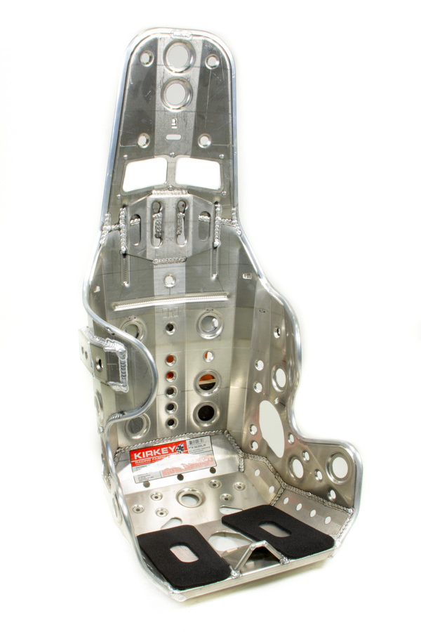 Lightweight aluminum racing seat with a silver finish, featuring multiple cutouts for ventilation and weight reduction, adjustable harness slots, and a Kirkey logo on the base.