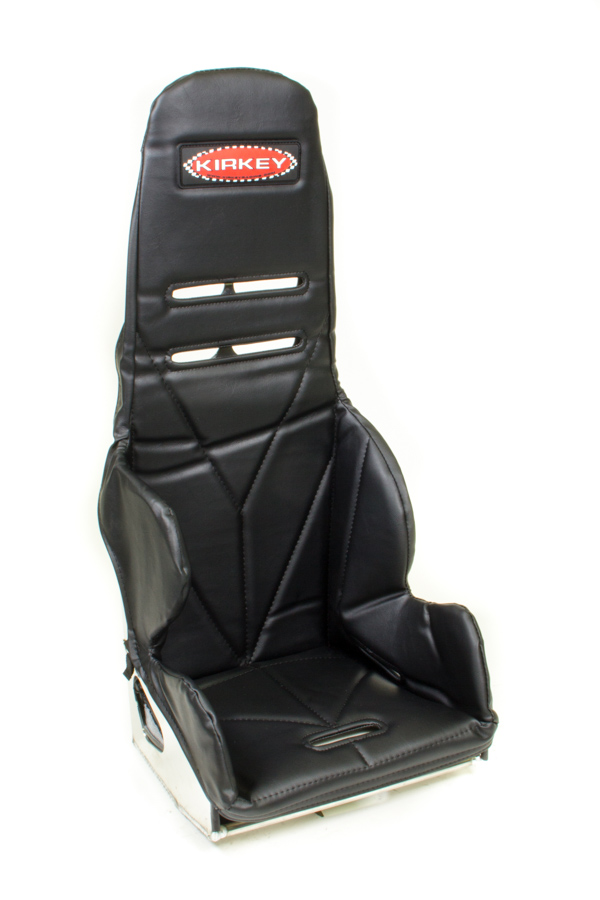 Black vinyl child seat cover with a high back, featuring a sleek design, multiple ventilation slots, and a sturdy base, designed for the Kirkey 24 Series.