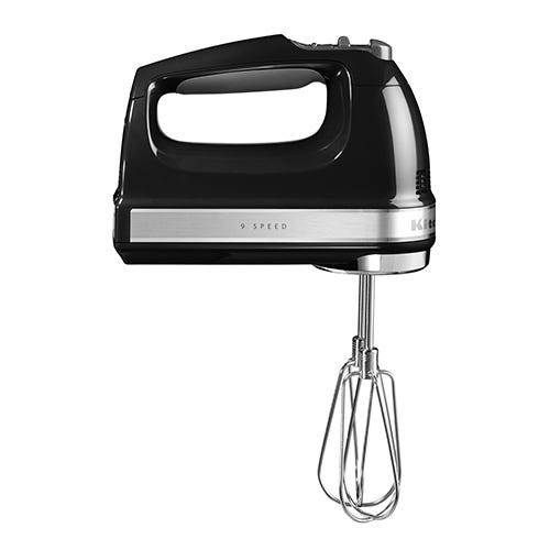 KitchenAid 5KHM9212BOB hand mixer in onyx black, featuring a sleek design, stainless steel accents, and nine-speed settings, with a chrome beater attachment.