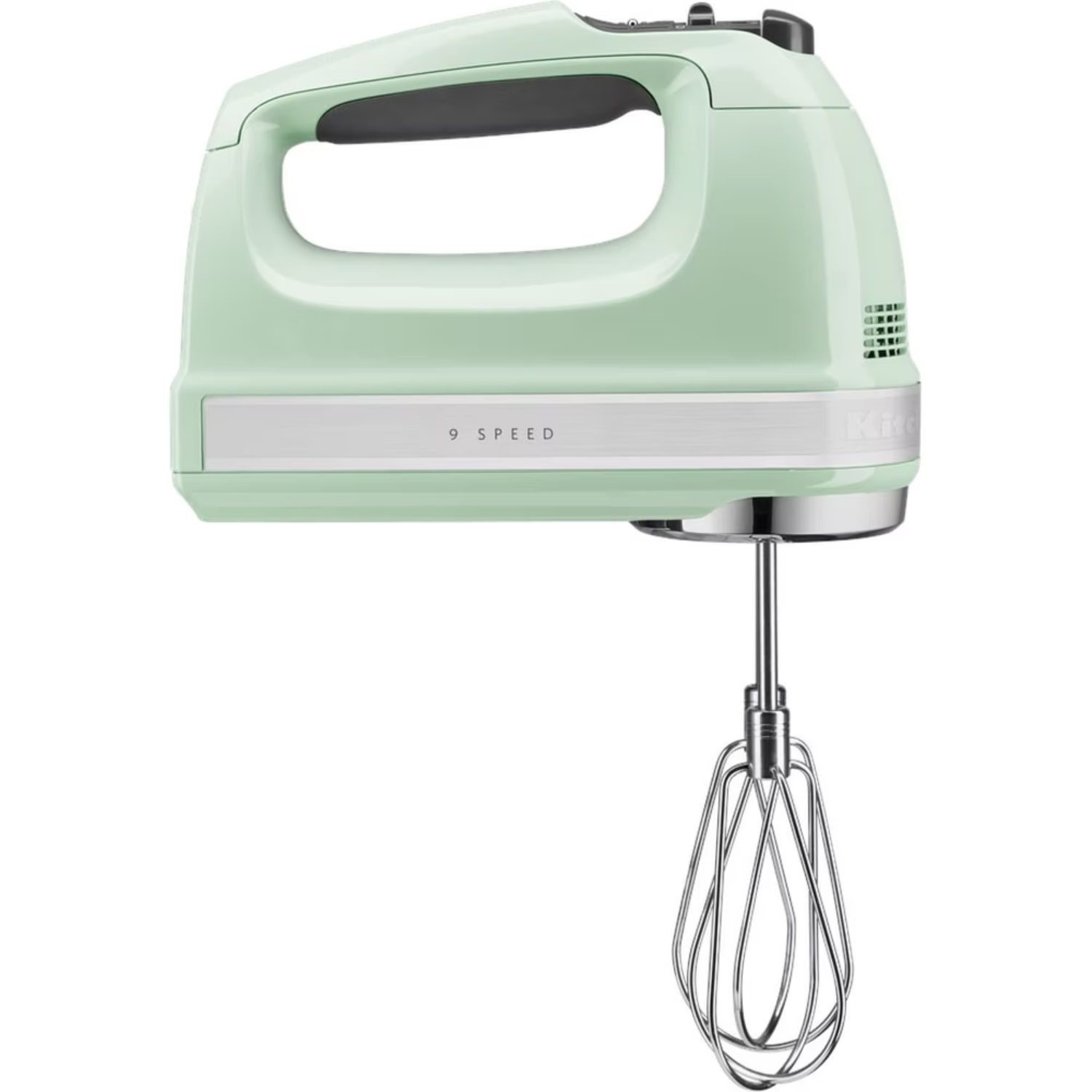 Pistachio-colored KitchenAid 9-Speed Hand Mixer with a sleek design, featuring a stainless steel whisk attachment and an ergonomic handle for easy use.