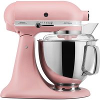 Pink KitchenAid stand mixer with stainless steel bowl and tilt-head design.