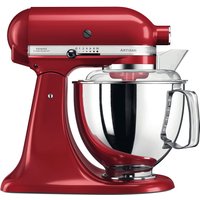 Red KitchenAid stand mixer with stainless steel bowl, tilt-head design, and speed control knob.