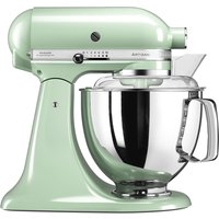 Pistachio green KitchenAid stand mixer with stainless steel bowl and tilt-head design.