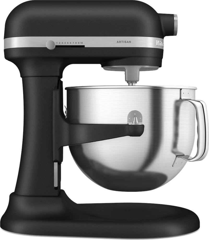 KitchenAid Artisan Bowl Lift Mixer in cast iron black features a stainless steel bowl, a sturdy base, and a sleek design with a silver accent on the control panel.