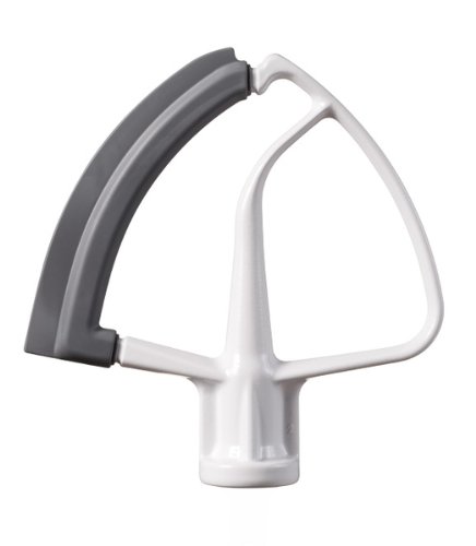 White Flex Edge Beater attachment with a curved gray silicone edge, designed for KitchenAid stand mixers to efficiently scrape bowl sides while mixing.