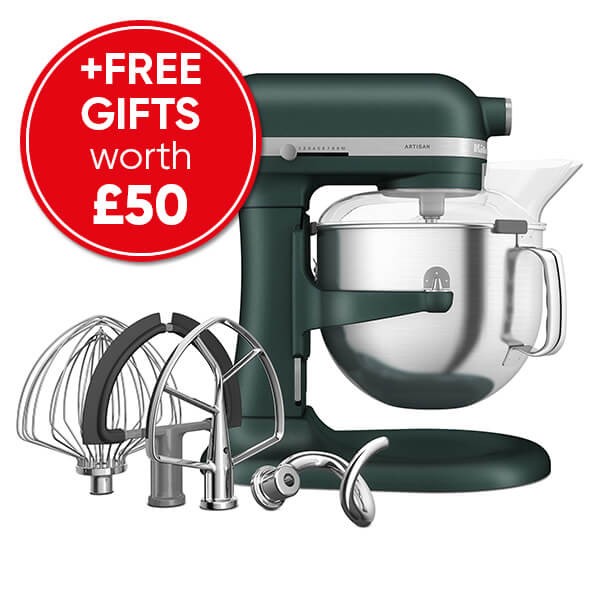KitchenAid 5KSM70SHXBPP Bowl-Lift Stand Mixer in Pebbled Palm green, featuring a 6.6L stainless steel bowl and various attachments including a whisk, dough hook, and beater.