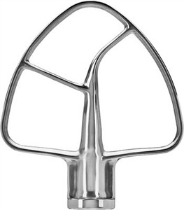 Stainless steel flat beater attachment with a unique triangular design, compatible with 4.8L KitchenAid mixers, featuring a polished finish for easy cleaning.