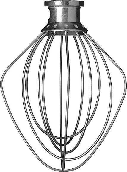 Stainless steel KitchenAid whisk attachment with a rounded, wire design and a wide base, ideal for mixing and whipping ingredients in various kitchen tasks.