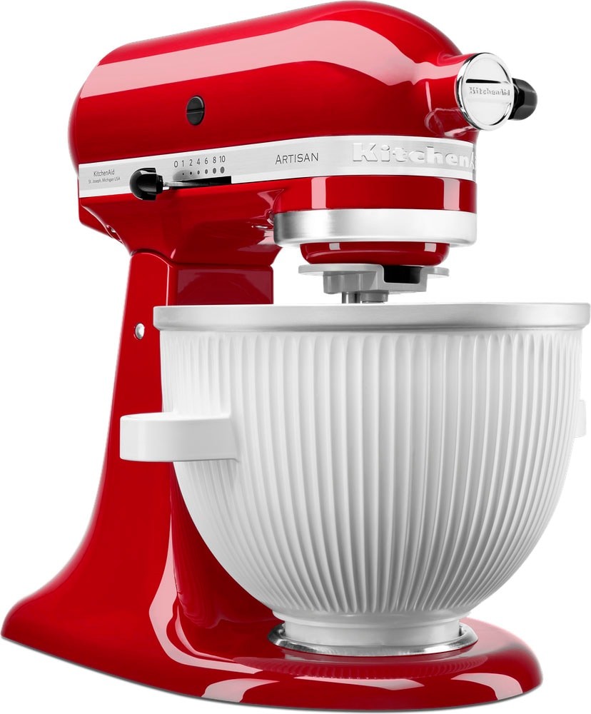 White Kitchenaid Ice Cream Maker Attachment designed for use with Kitchenaid stand mixers, featuring a smooth surface and a bowl-like shape for easy ice cream preparation.