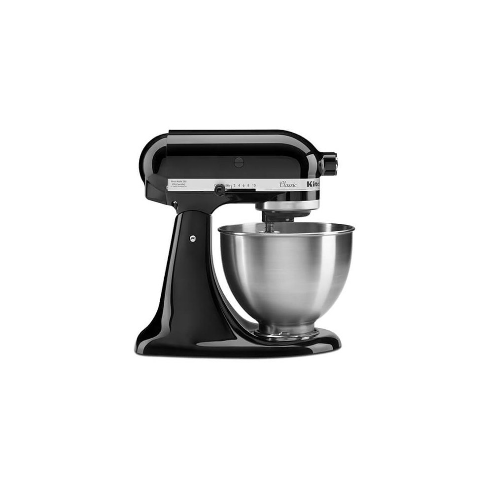 Black KitchenAid Classic 4.3L tilt-head stand mixer with a polished stainless steel bowl, featuring a sleek design and various speed settings for versatile mixing.