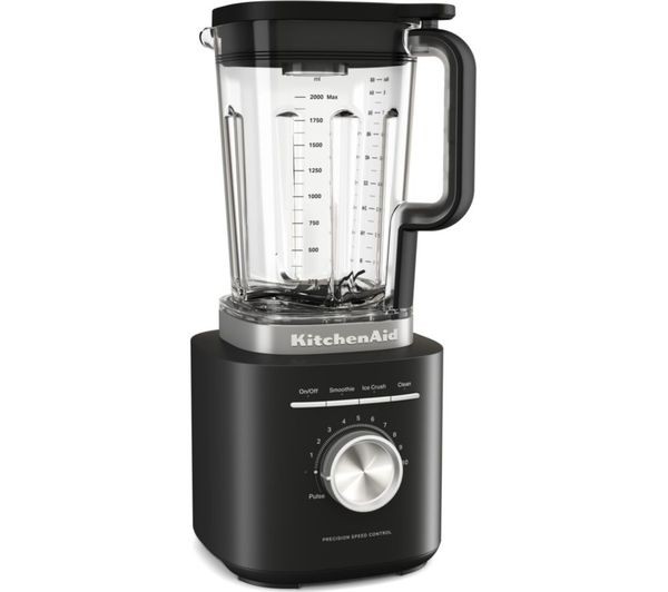Kitchenaid Pure Power Blender K200 in matte black features a clear glass pitcher, a sturdy black base, and a stainless steel blade with a dial for speed control.