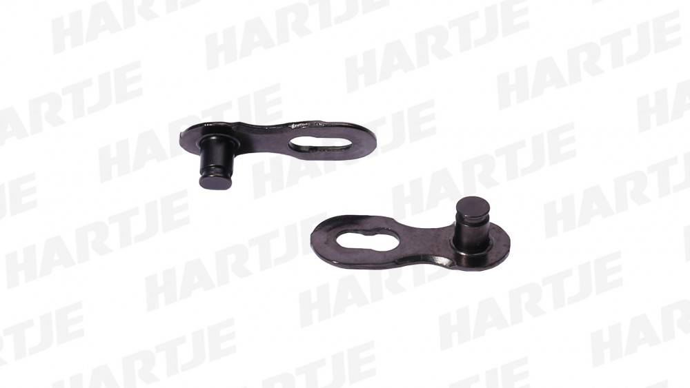 Black KMC 11R MissingLink reusable chain links for 11-speed chains, featuring a durable metal construction and a distinctive oval shape for easy connection.
