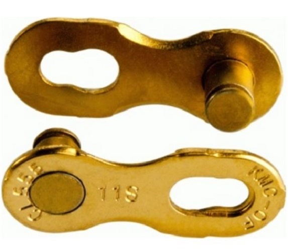 KMC 11R MissingLink reusable chain links in Ti-N gold, featuring a smooth, shiny finish with engraved markings for 11-speed compatibility.