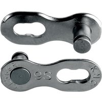Silver KMC 9R EPT chain missing link with oval slots and engraved markings, designed for bicycle chains.