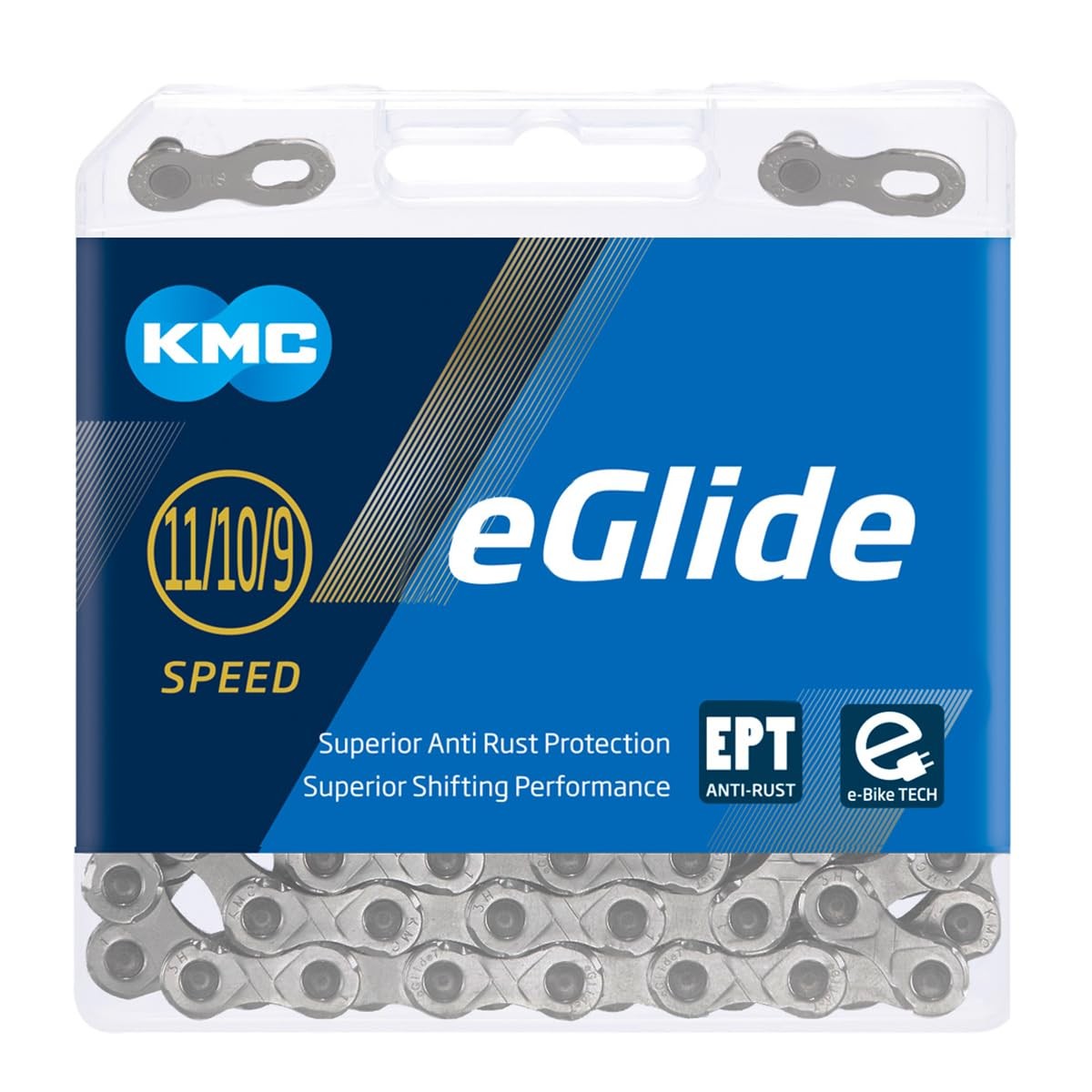 KMC EGlide CUES Chain in a clear plastic packaging, featuring silver links, labeled for 11/10/9 speed, with anti-rust protection and e-bike compatibility.