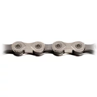 KMC X10 10-speed chain, silver and black, 114 links, with alternating silver outer plates and black inner links.