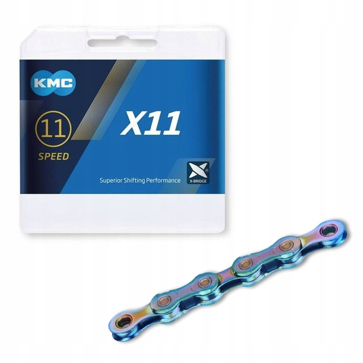 KMC X11 11-speed chain with an oil slick finish, featuring 118 links and a sleek design, packaged in a clear box with a blue and black label.