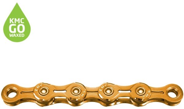 Gold, waxed 11-speed bicycle chain with 118 links, featuring KMC branding and a distinctive green KMC Go Waxed logo in the corner.
