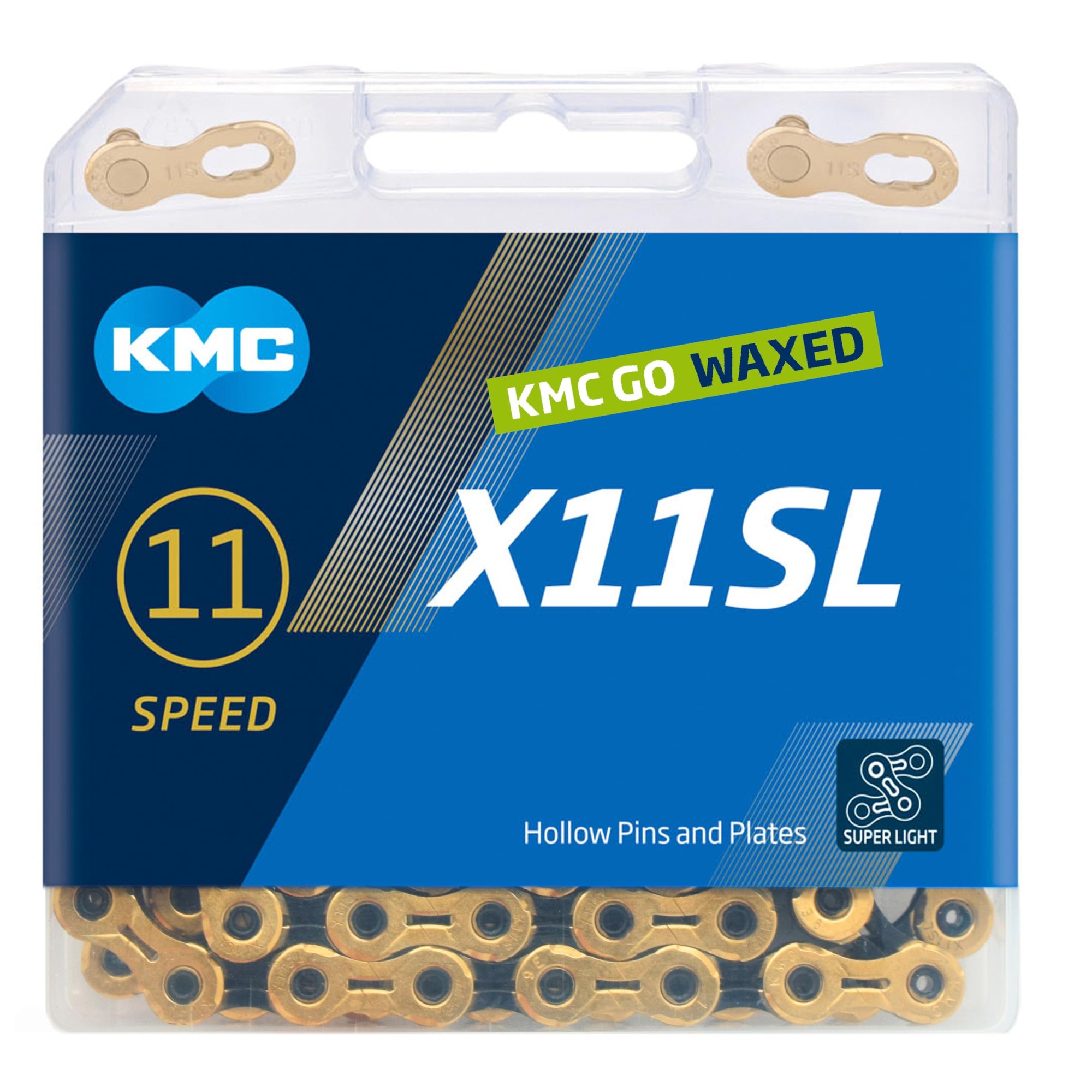 Black KMC X11-SL Waxed 11-Speed Chain in a clear plastic packaging, featuring gold hollow pins and plates, labeled with "KMC GO WAXED" and "SUPER LIGHT" on a blue background.