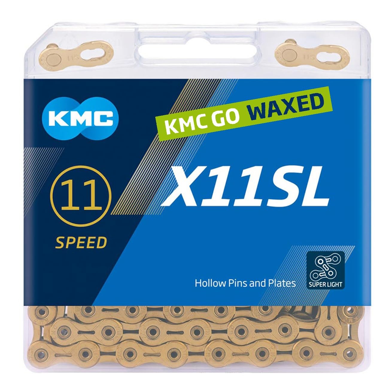 Gold KMC X11-SL Waxed 11-Speed Chain in a clear packaging, featuring hollow pins and plates, labeled "KMC GO WAXED" and "SUPER LIGHT."