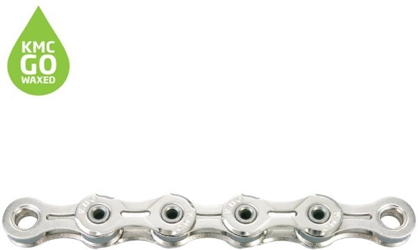 Silver 11-speed bike chain with 118 links, featuring a waxed finish for reduced friction, and a green KMC Go Waxed logo in the corner.