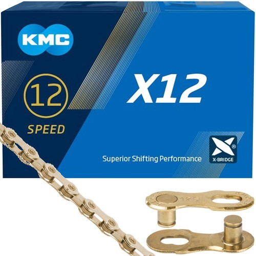 KMC X12 12-speed chain in shiny gold titanium nitride finish, featuring a robust design, alongside a blue box labeled with "KMC" and "Superior Shifting Performance."