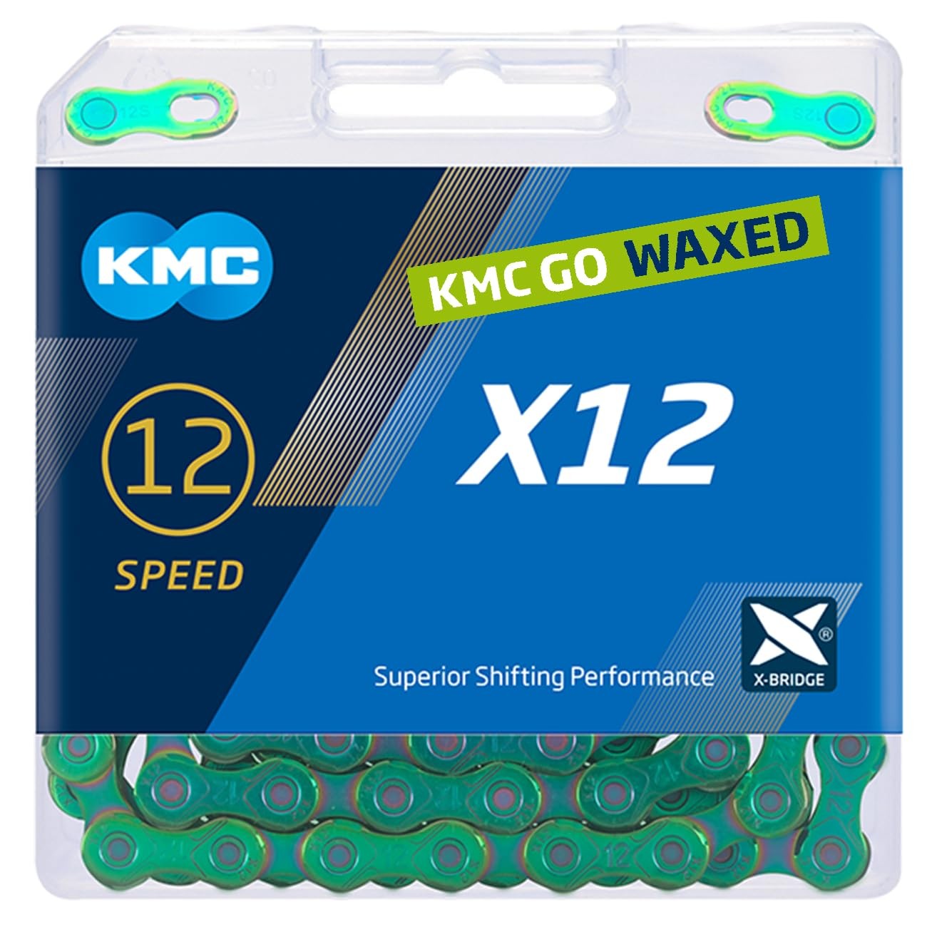 KMC X12 Waxed 12-speed chain in an oil slick color, featuring a sleek design with green accents, packaged in a clear plastic box highlighting superior shifting performance.
