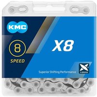 KMC X8 Chain 114 Links in blue packaging, silver chain visible, labeled for 8-speed bikes.