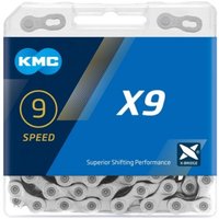 KMC X9 bicycle chain in silver with 9-speed compatibility, displayed in blue packaging with KMC logo.