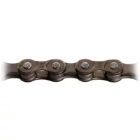 Grey and brown KMC Z7 114 links 7-speed bike chain with interlocking plates and rivets.