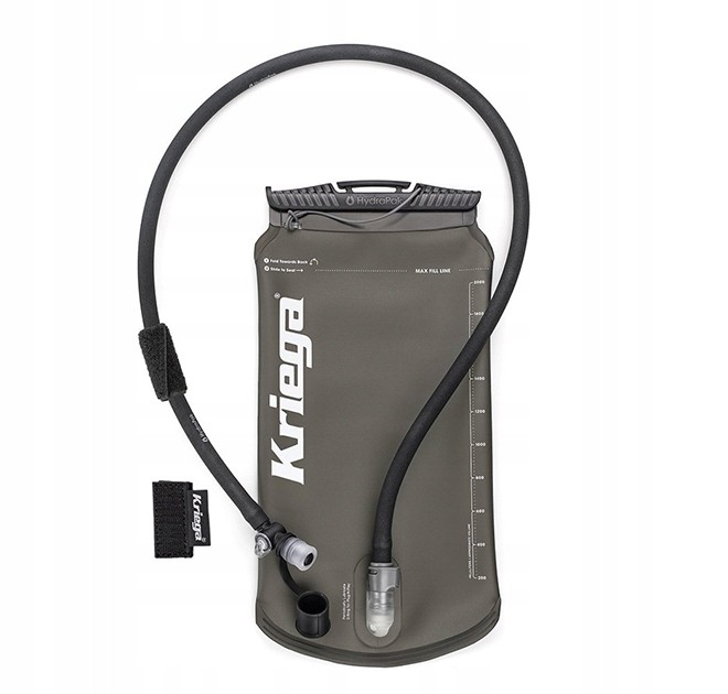 Kriega Hydrapak heavy-duty hydration bladder in black and transparent, 2L size, featuring a flexible tube and a secure cap for easy filling and drinking.