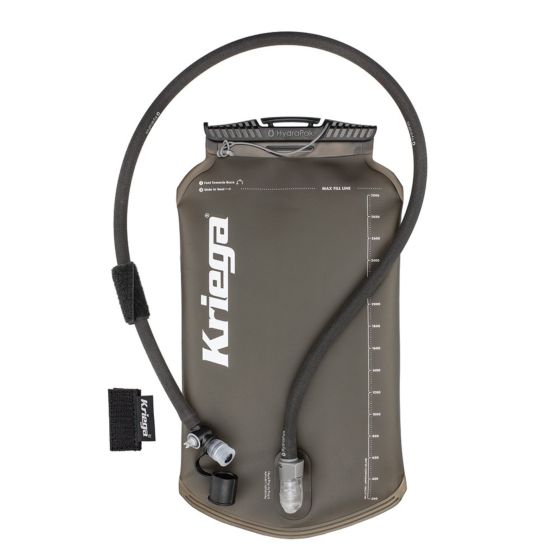 Black and transparent Kriega Hydrapak hydration bladder, 3 L size, featuring a durable material, a drinking tube, and a quick-release valve for easy hydration.