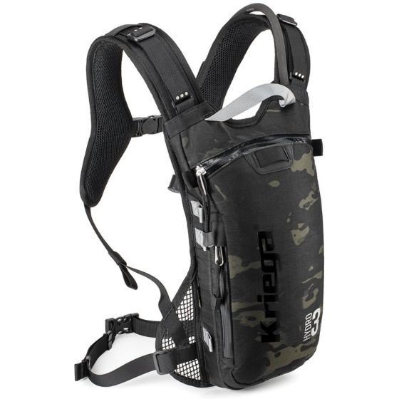 Kriega Hydro3 hydration backpack in Multicam design, featuring a black, olive, and dark grey color scheme, 3L capacity, and adjustable straps for comfort.