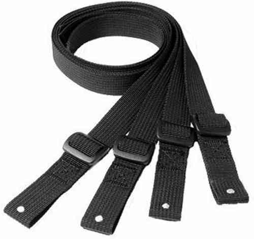 Black nylon straps with adjustable buckles and reinforced stitching, designed for securing gear, featuring multiple attachment points for versatility.