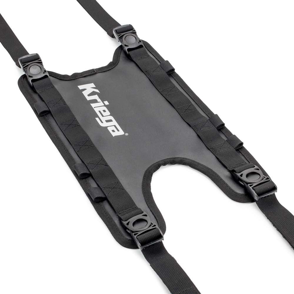Black Kriega US Drypack Tank Adapter featuring durable straps, adjustable buckles, and a central cutout for secure attachment to motorcycle tanks.