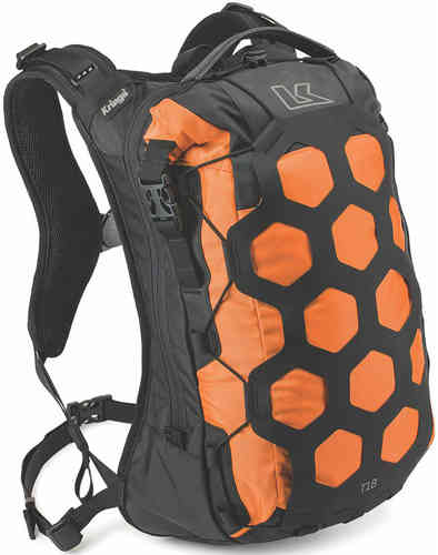 Kriega Trail 18 backpack in orange and black, featuring a hexagonal pattern, adjustable straps, and a capacity of 18 liters, designed for outdoor adventures.