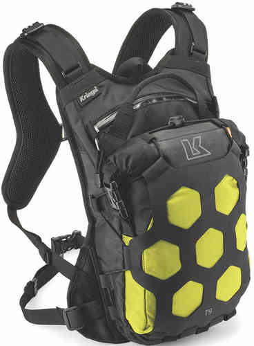 Waterproof Kriega Trail 9 backpack in neon green and black, featuring a hexagonal pattern, adjustable straps, and a 9-liter capacity, designed for outdoor activities.