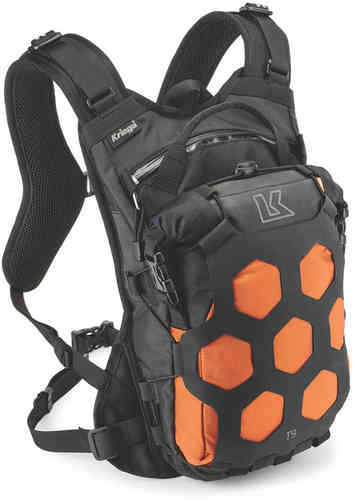 Waterproof Kriega Trail 9 backpack in orange and black, featuring a hexagonal design on the front, adjustable straps, and a 9-liter capacity.