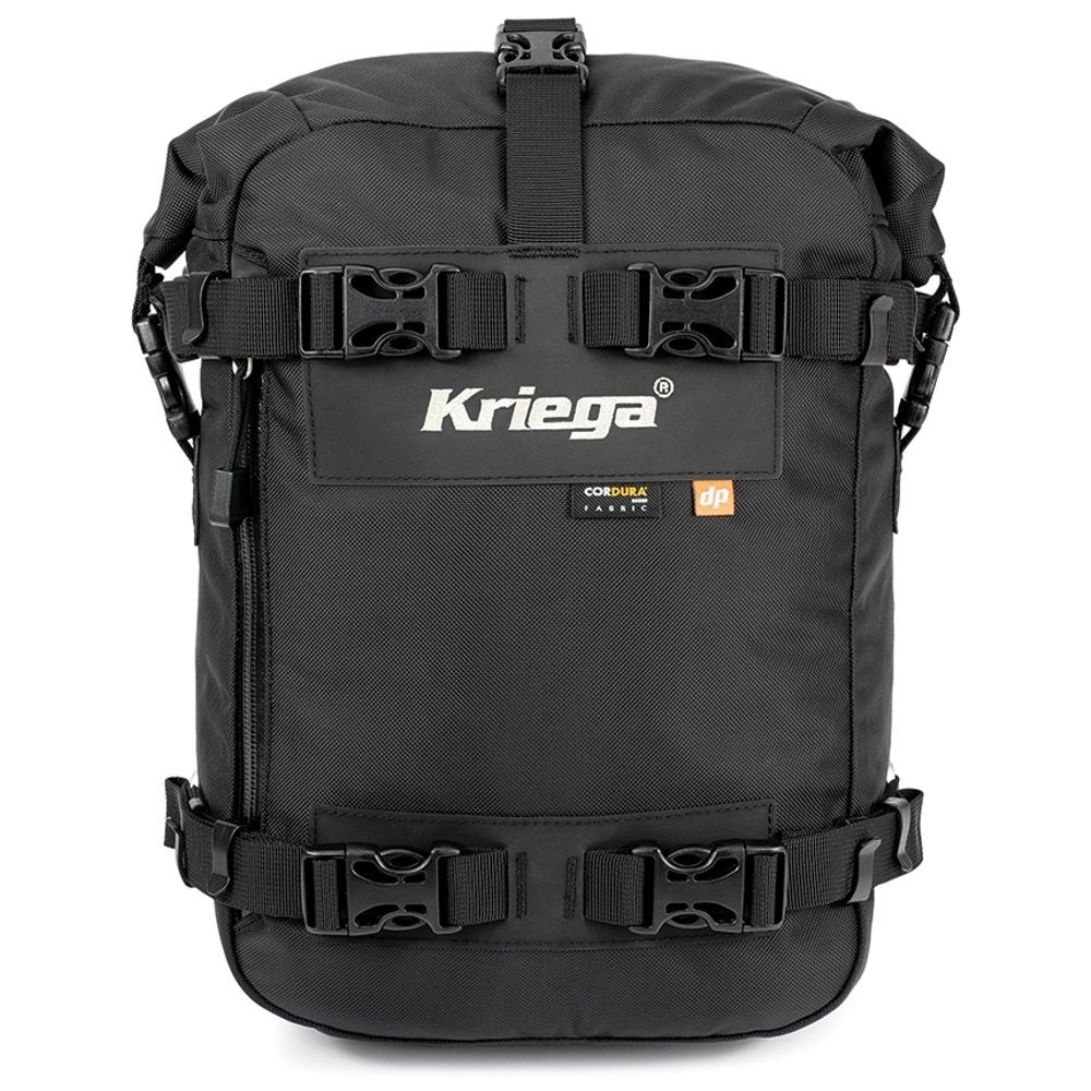 Kriega US-10 Drypack in black, made from waterproof material, featuring adjustable straps, a roll-top closure, and a 10 L capacity for secure storage.