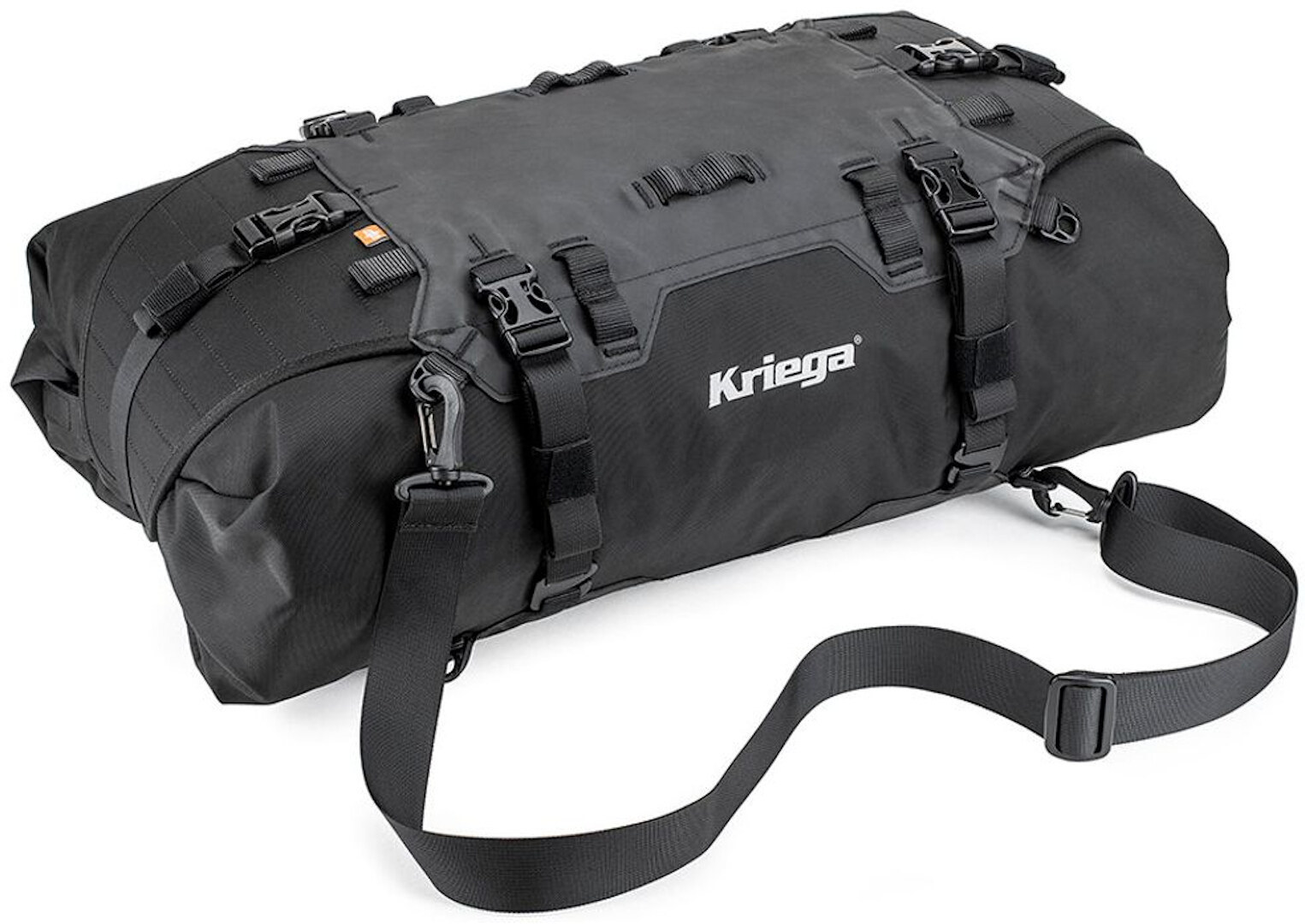 Black waterproof Kriega US-40 Drypack with durable material, adjustable straps, and multiple buckles for secure closure, designed for outdoor and motorcycle use.