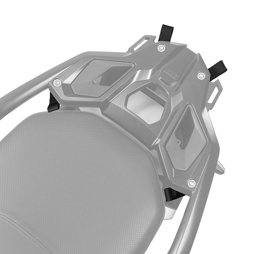 Kriega US-Drypack mounting kit for BMW R1250GS/F750GS/F850GS, featuring a sleek silver plastic base with adjustable black straps for secure attachment.