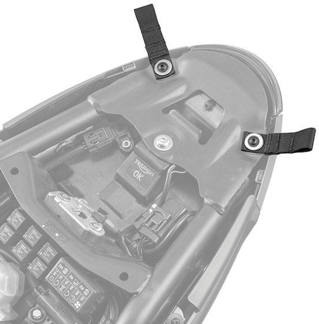 Kriega US-Drypack mounting kit for Triumph Trident 660, featuring durable black straps and metal fasteners for secure attachment to the bike's underseat area.