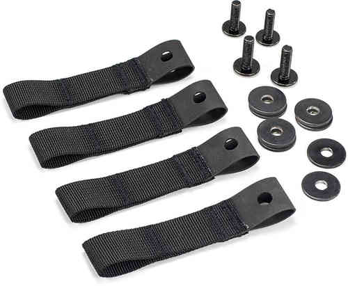 Kriega US-Drypack mounting kit for Yamaha Ténéré 700, featuring four black nylon straps and metal bolts with washers for secure attachment.