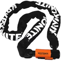 Black Kryptonite chain lock with orange lock cylinder, 10mm links, 160cm length, white branding on fabric sleeve.