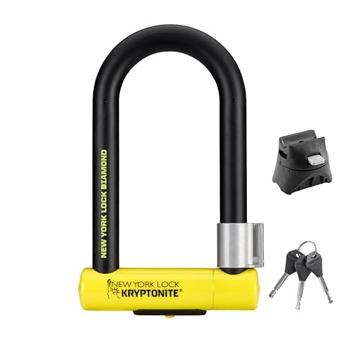 Black U-lock with a yellow bottom, featuring "NEW YORK LOCK DIAMOND" branding, accompanied by two keys and a mounting bracket.