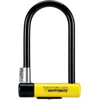 Black and yellow Kryptonite U-lock with silver cylinder and FlexFrame bracket attachment.